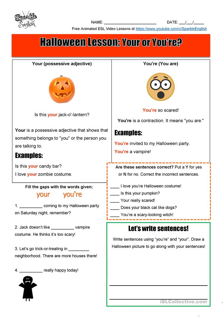 Halloween Homonyms Lesson - Your Or You&amp;#039;re? Esl Spelling And