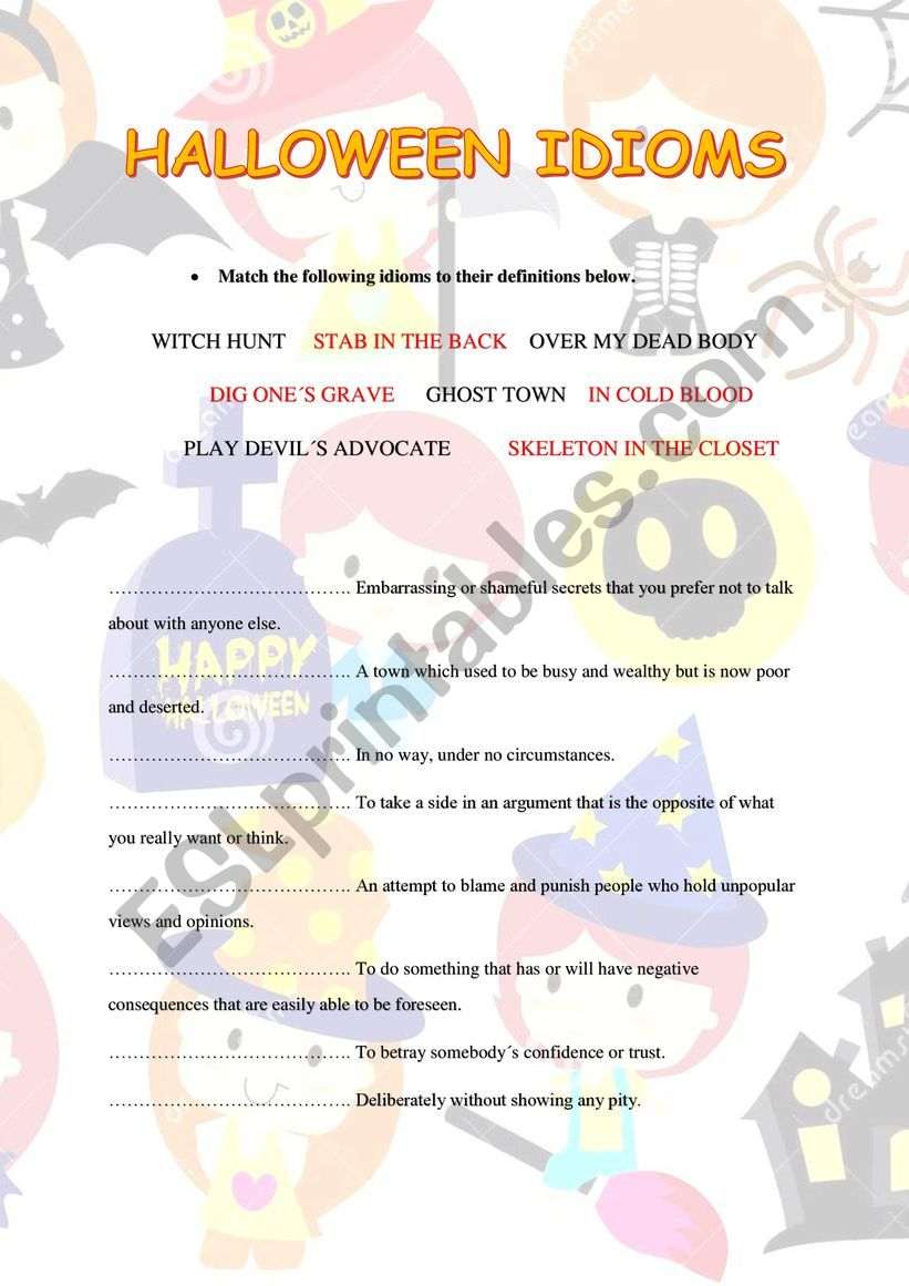 Halloween Idioms Worksheet | AlphabetWorksheetsFree.com