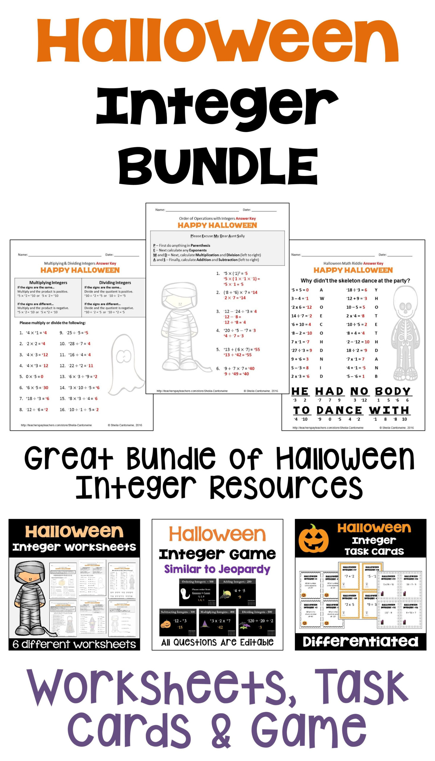 Halloween Integer Bundle With Worksheets, Task Cards, Boom