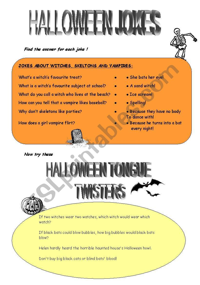 Halloween Jokes And Tongue Twisters - Esl Worksheetfirstime