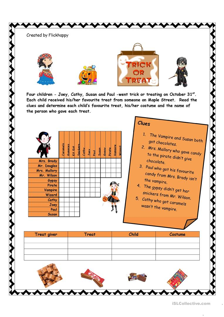 Halloween Logic Puzzle - English Esl Worksheets For Distance