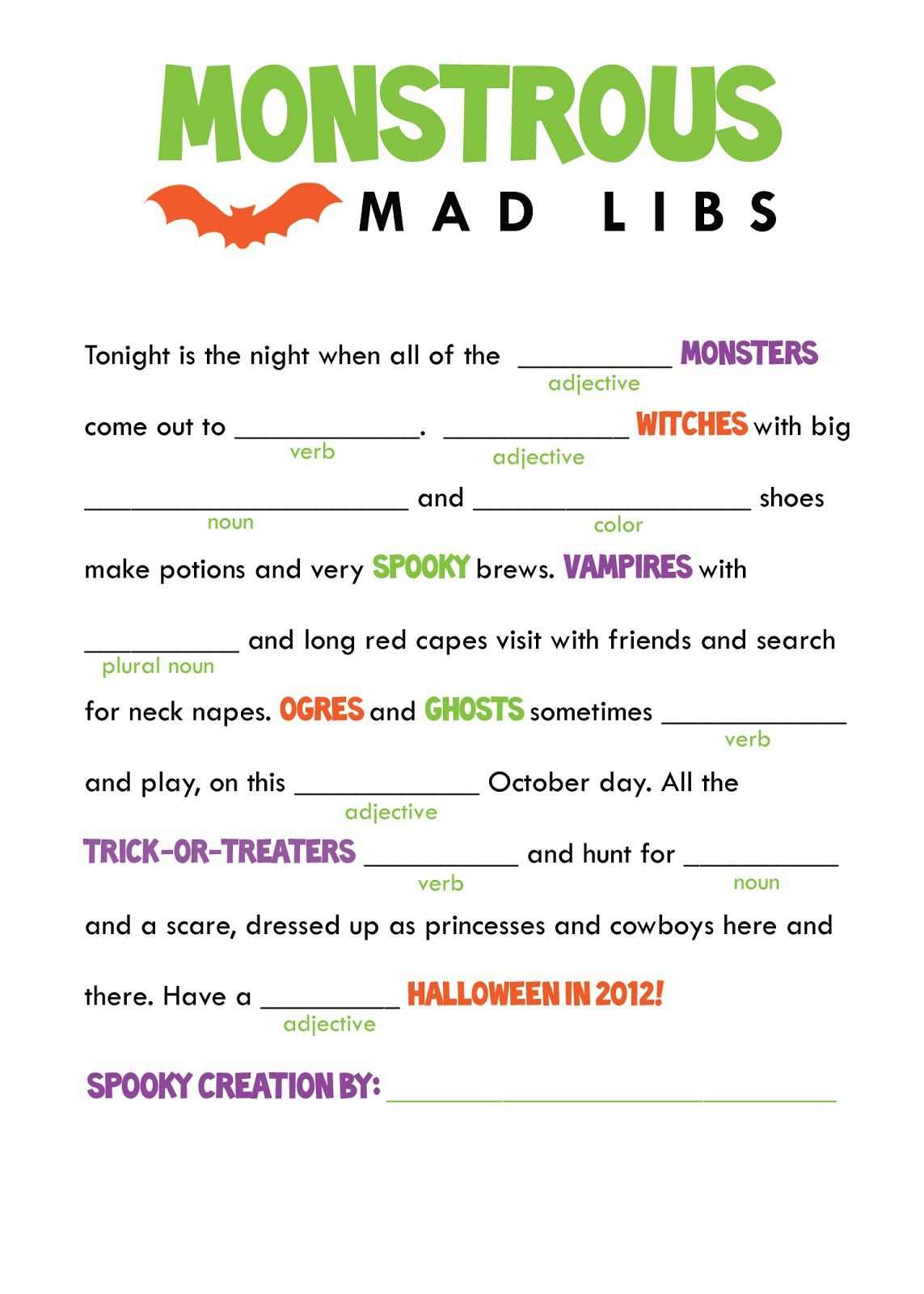 Halloween Mad Libs. | Halloween Worksheets, Halloween Class