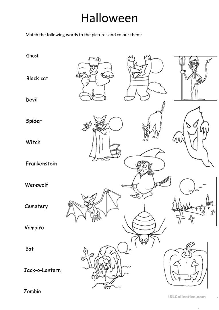 Halloween Matching And Colouring - English Esl Worksheets
