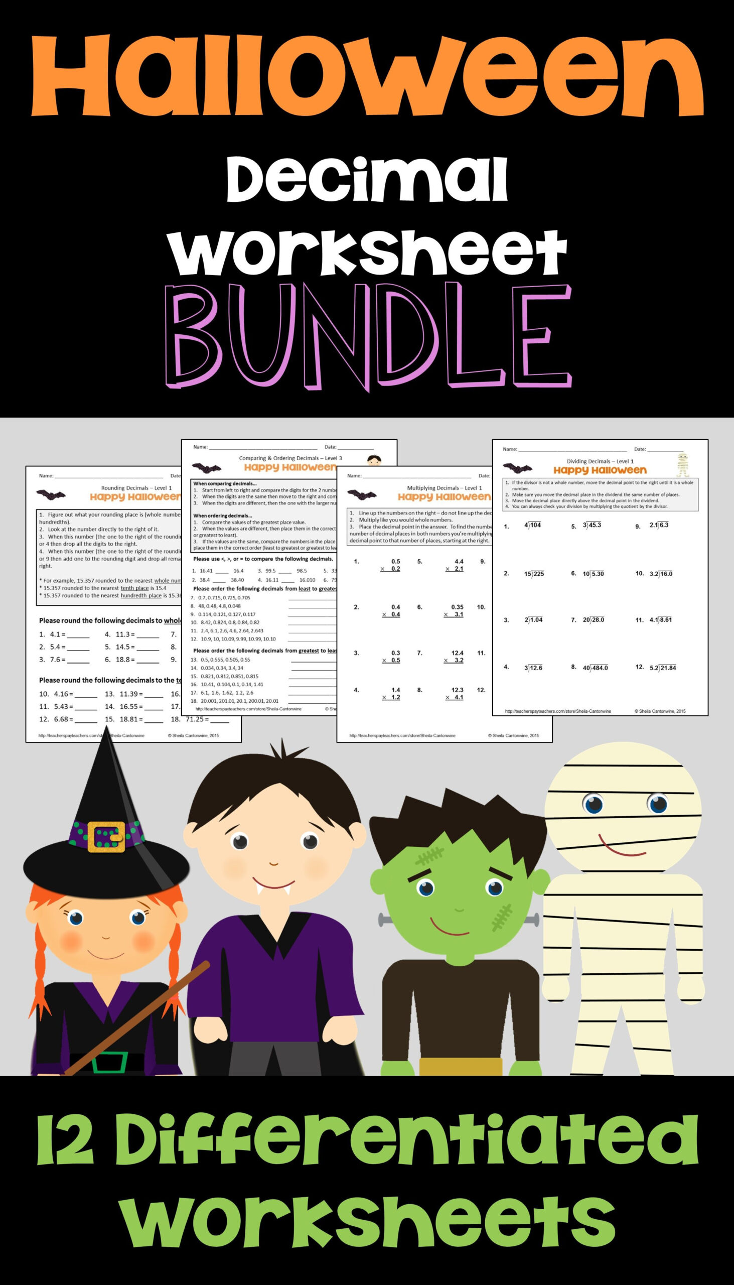 Halloween Math Decimal Worksheet Bundle For Morning Work And