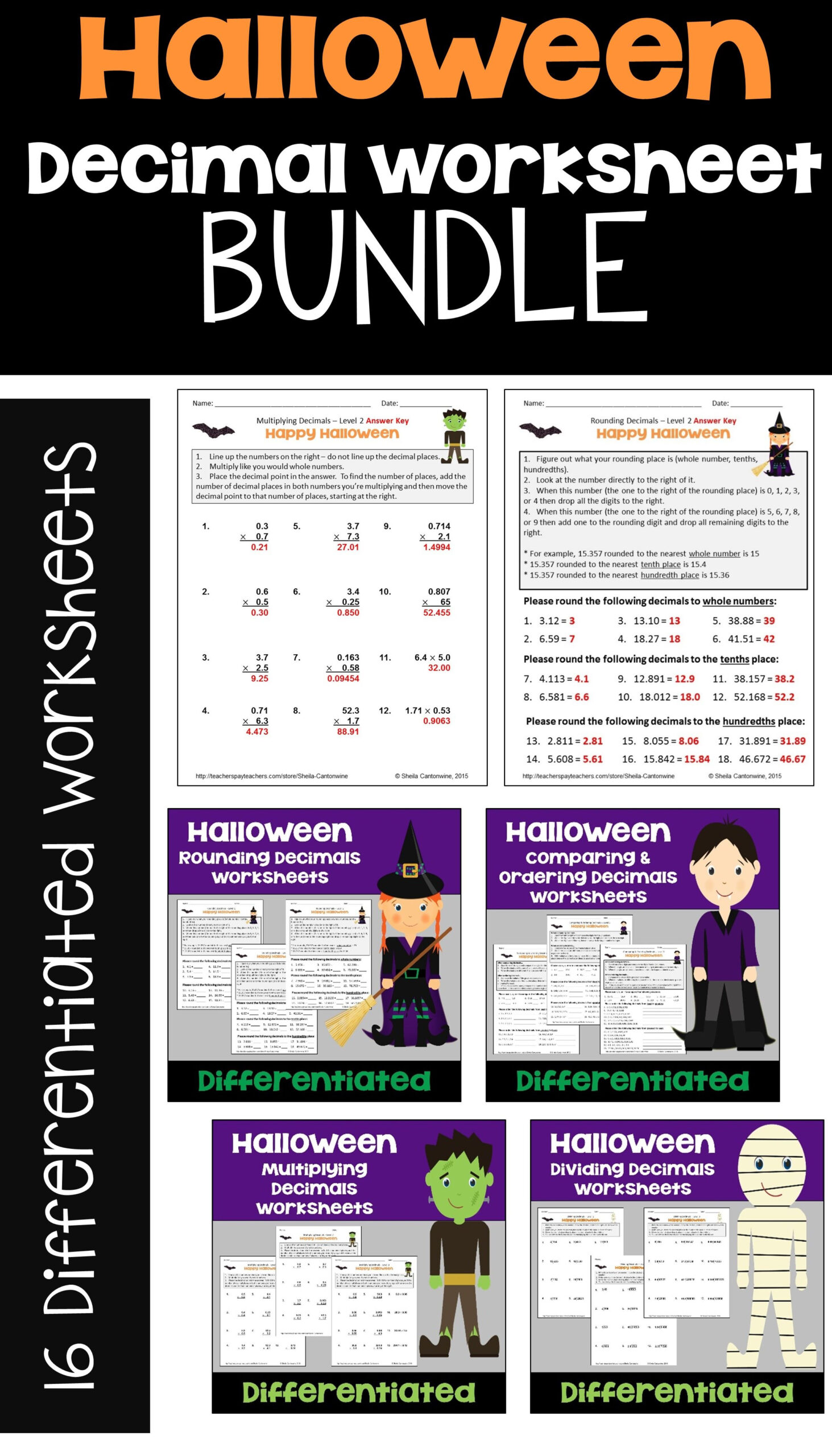 Halloween Math Decimal Worksheet Bundle For Morning Work And