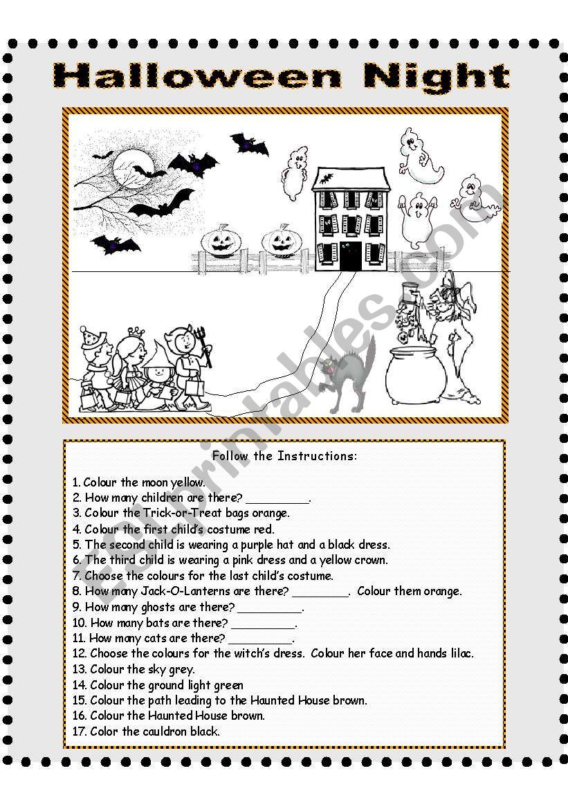 Halloween Night - Follow The Instructions - Esl Worksheet