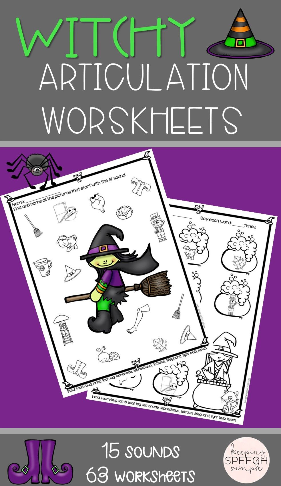 Halloween No Prep Articulation Worksheets - Witch Themed