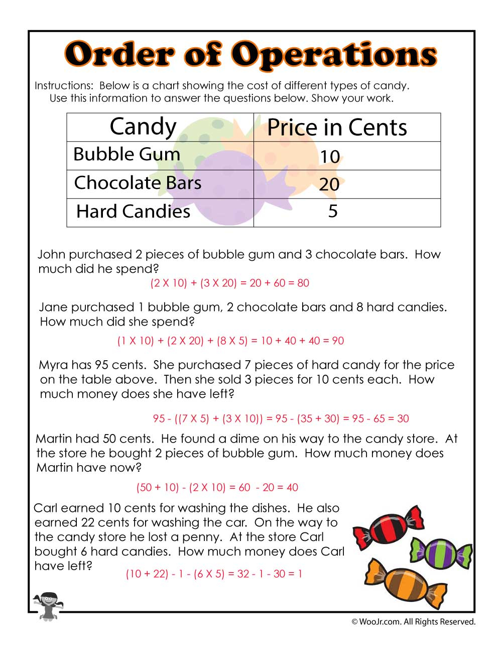 Halloween Order Of Operations With Data Worksheet - Answers