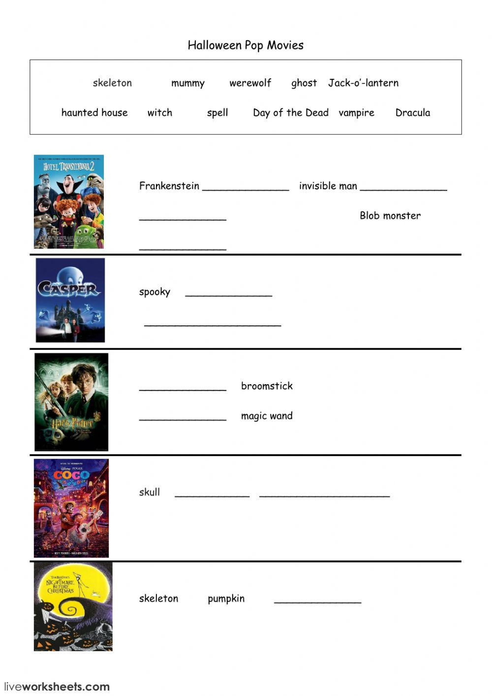 Halloween Pop Movies Worksheet