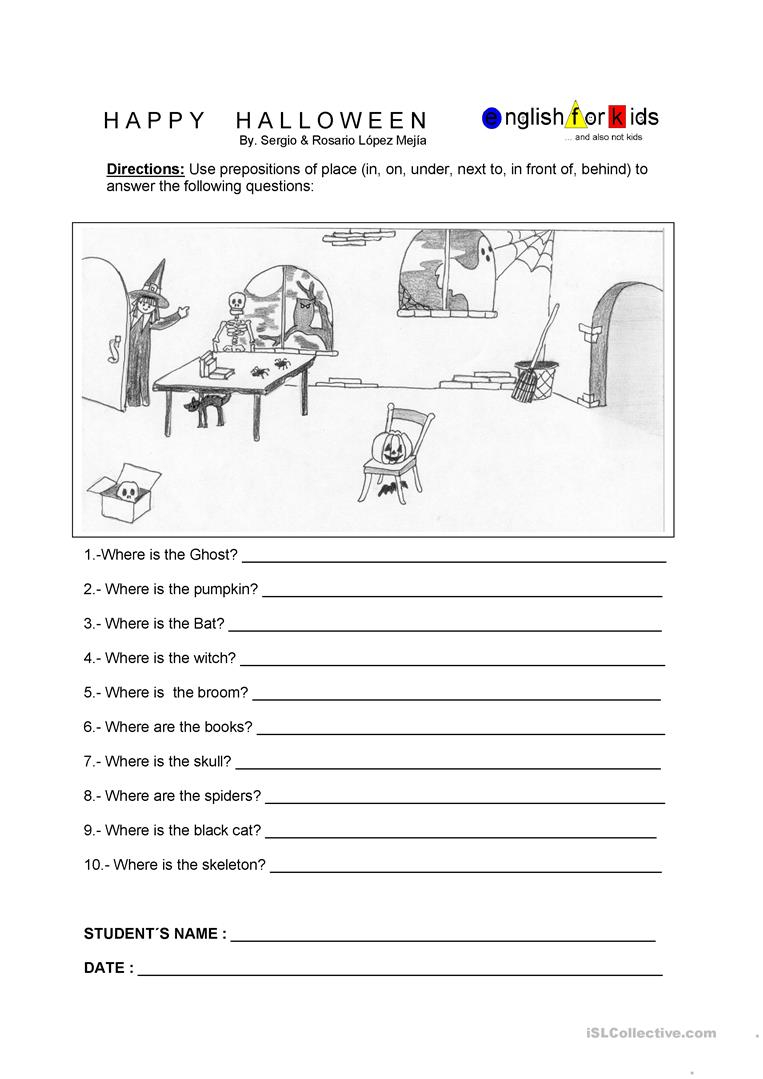 Halloween Prepositions Of Place - English Esl Worksheets For