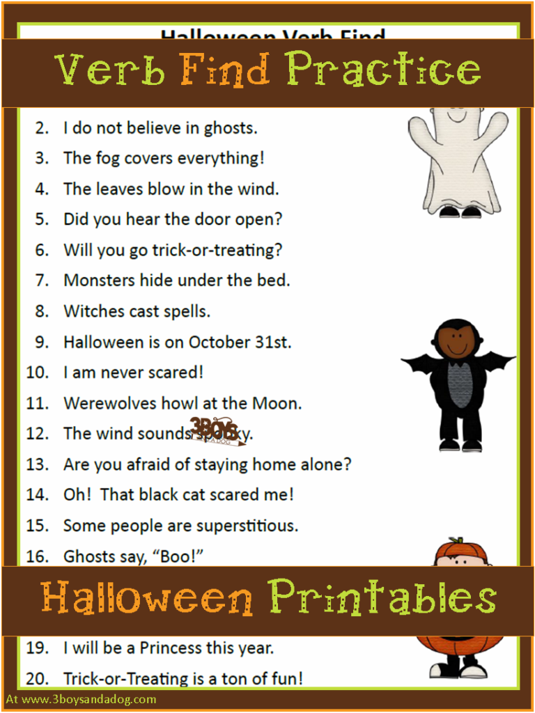 Halloween Printables: Verbs, Parts Of Speech | Halloween Halloween Printables: Verbs, Parts Of Speech | Halloween