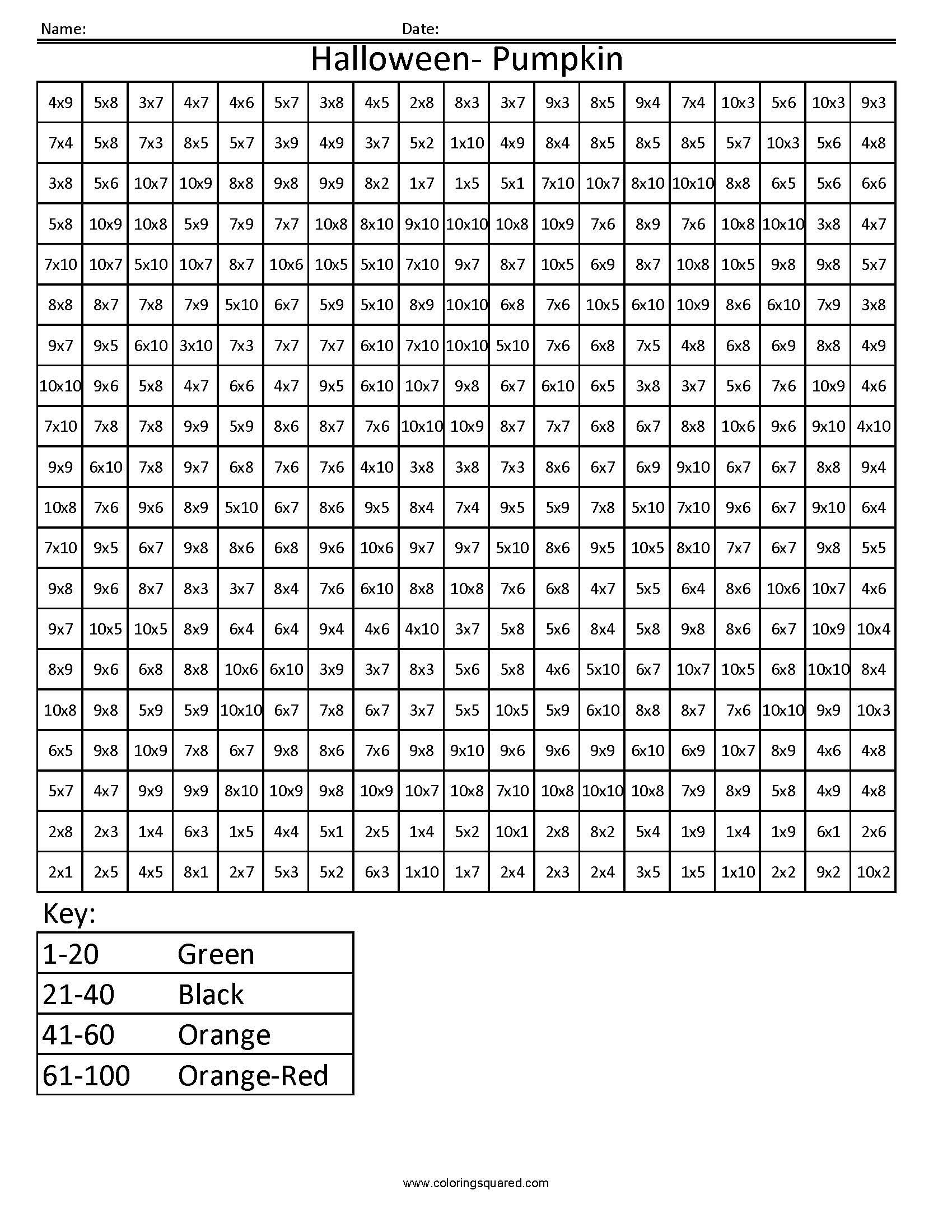 Halloween Pumpkin- Holiday Multiplication - Coloring Squared