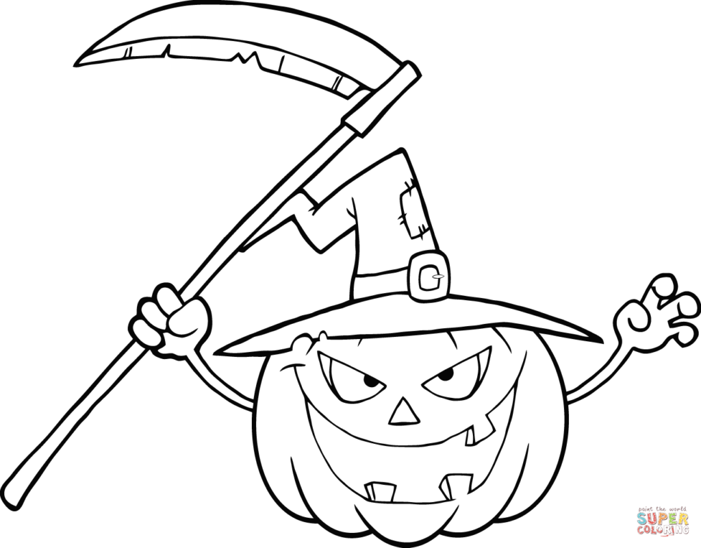 Halloween Pumpkin With Scythe Coloring Page | Free Printable