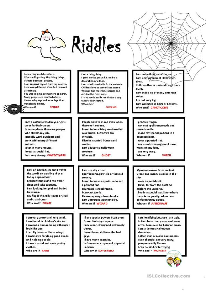 Halloween Riddles + Key   English Esl Worksheets For