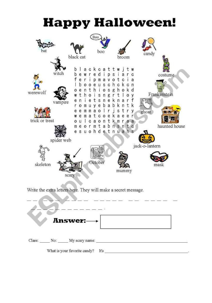 Halloween Secret Message Word Search   Esl Worksheet