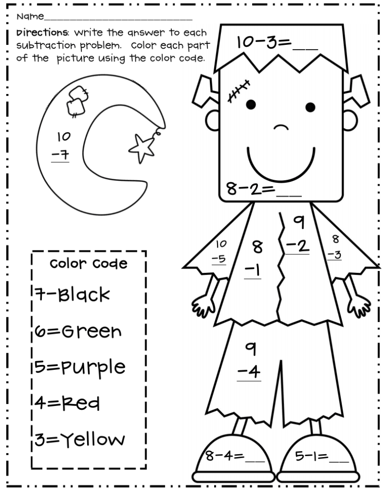 Halloween Subtraction Colornumber Worksheets In 2020