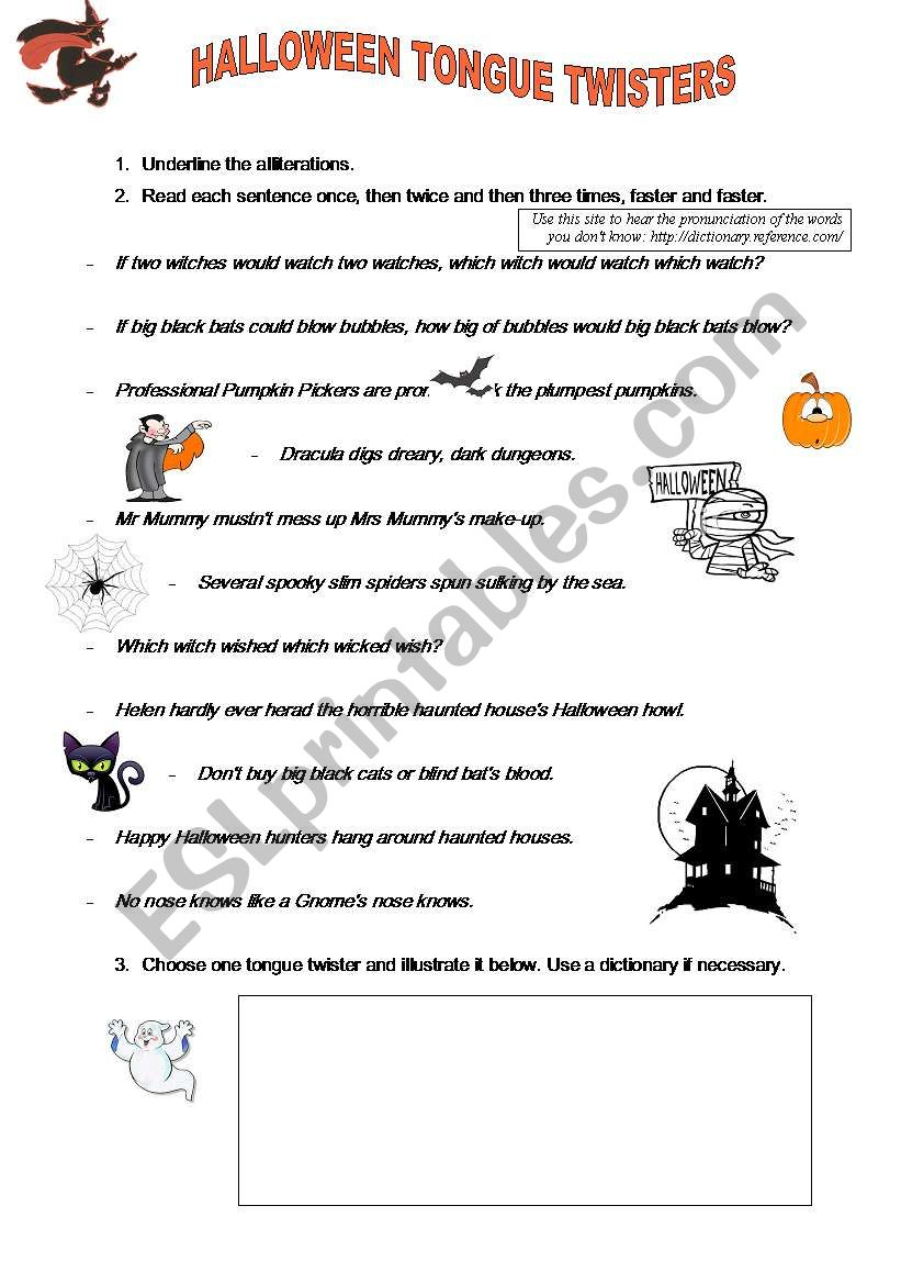 Halloween Tongue Twisters Worksheets | AlphabetWorksheetsFree.com