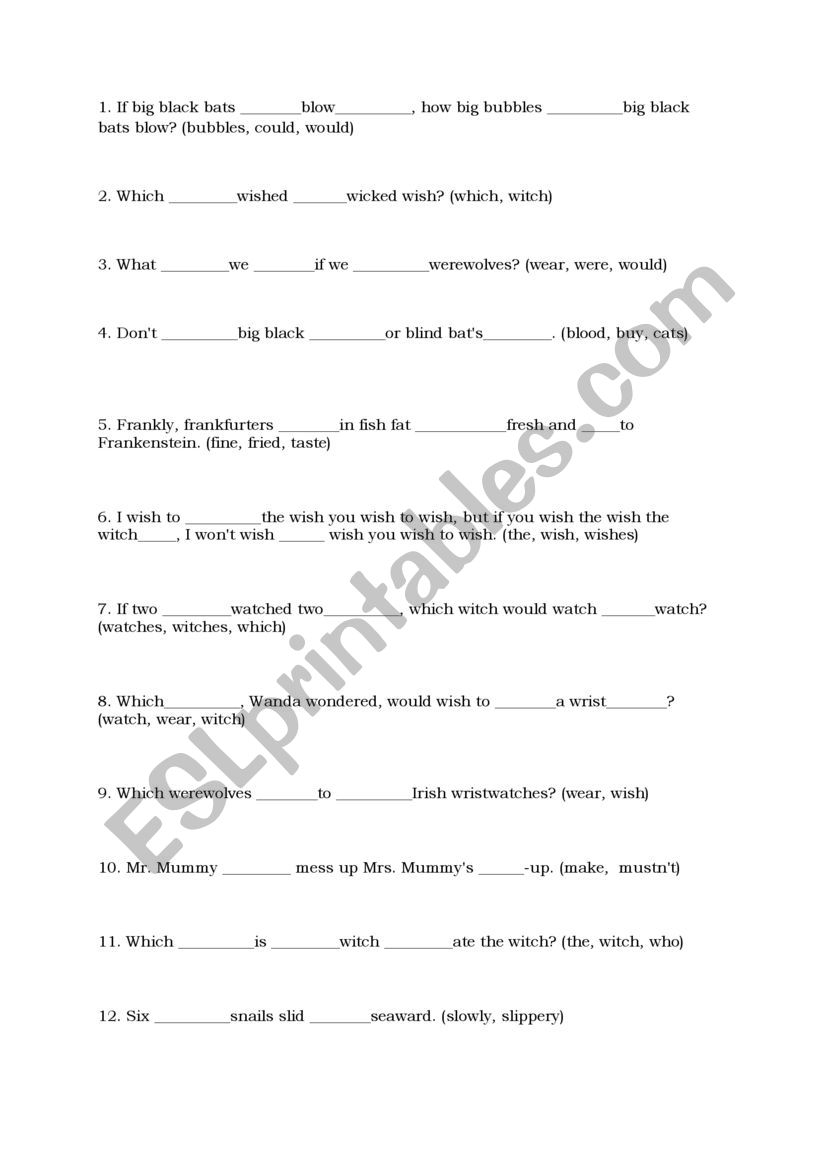 Halloween Tongue Twisters Fill In - Esl Worksheetlenkaw