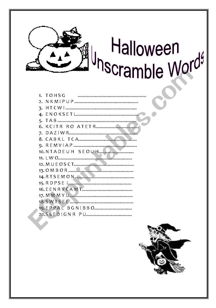 Halloween Unscramble Words- Symbols +Key - Esl Worksheet