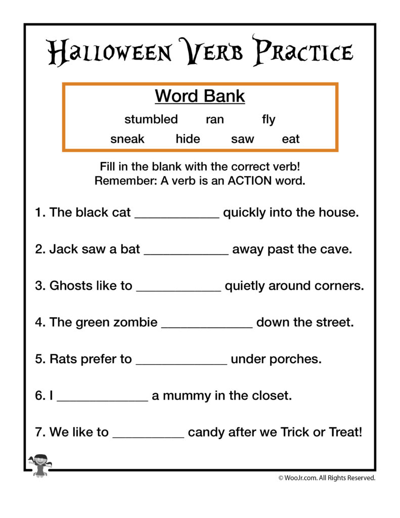 Halloween Verb Practice Worksheet | Woo! Jr. Kids Activities