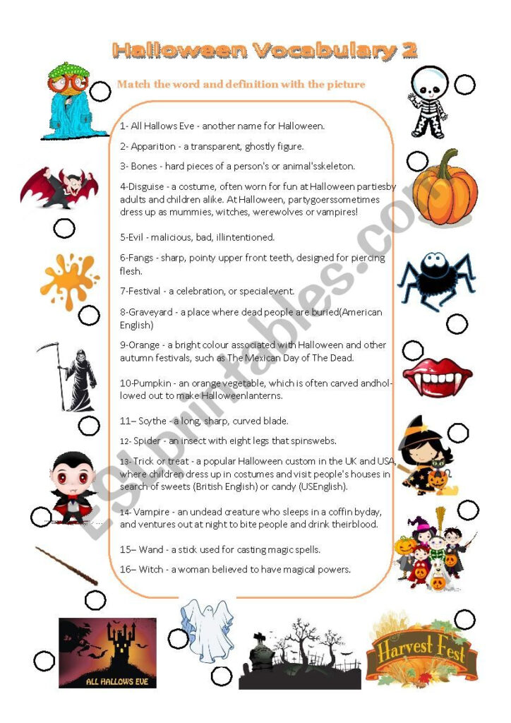 Halloween Vocabulary Matching Picture With Definition And