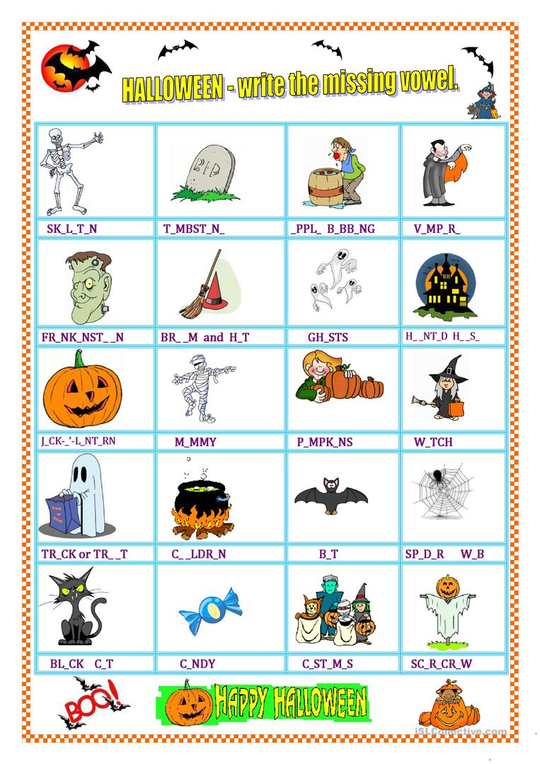 Halloween - Vocabulary &amp;amp; Missing Vowel - English Esl