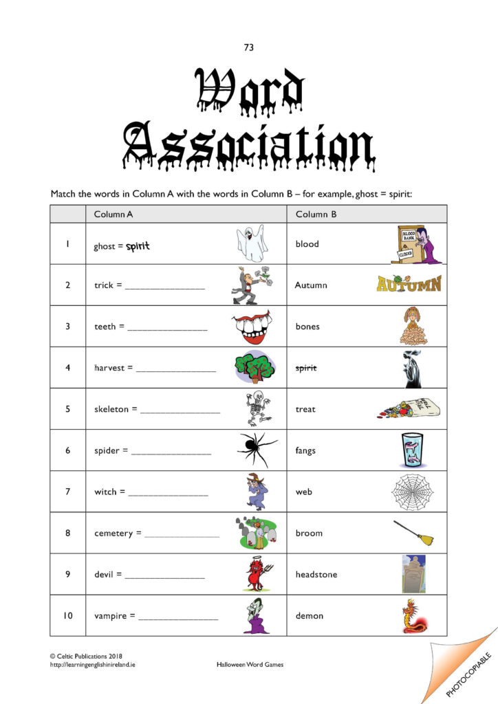 Halloween Word Association Worksheet   Tefl Resources