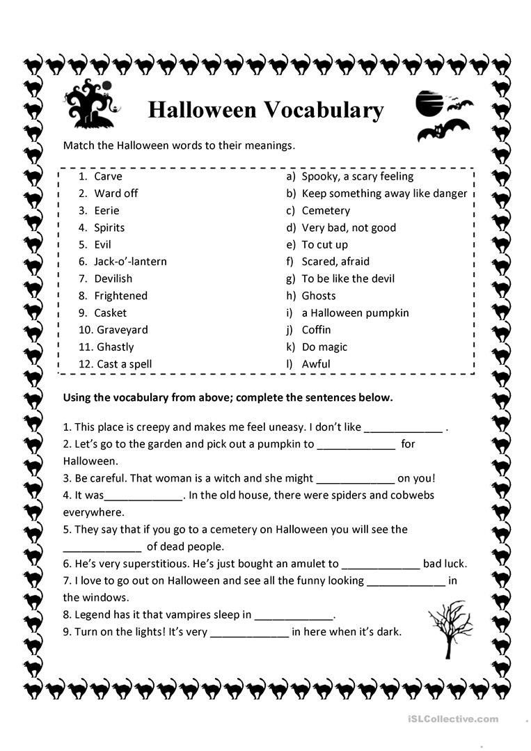 Halloween Worksheets For Older Students Halloween Vocabulary