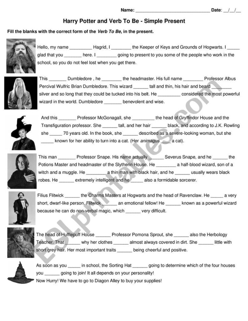 Harry Potter Characters And The Verb To Be   Esl Worksheet