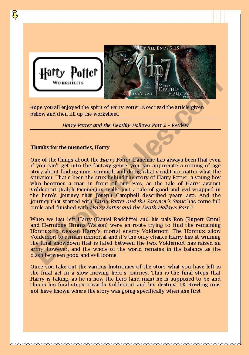 Harry Potter Worksheet Series 1 - Esl Worksheetvino76