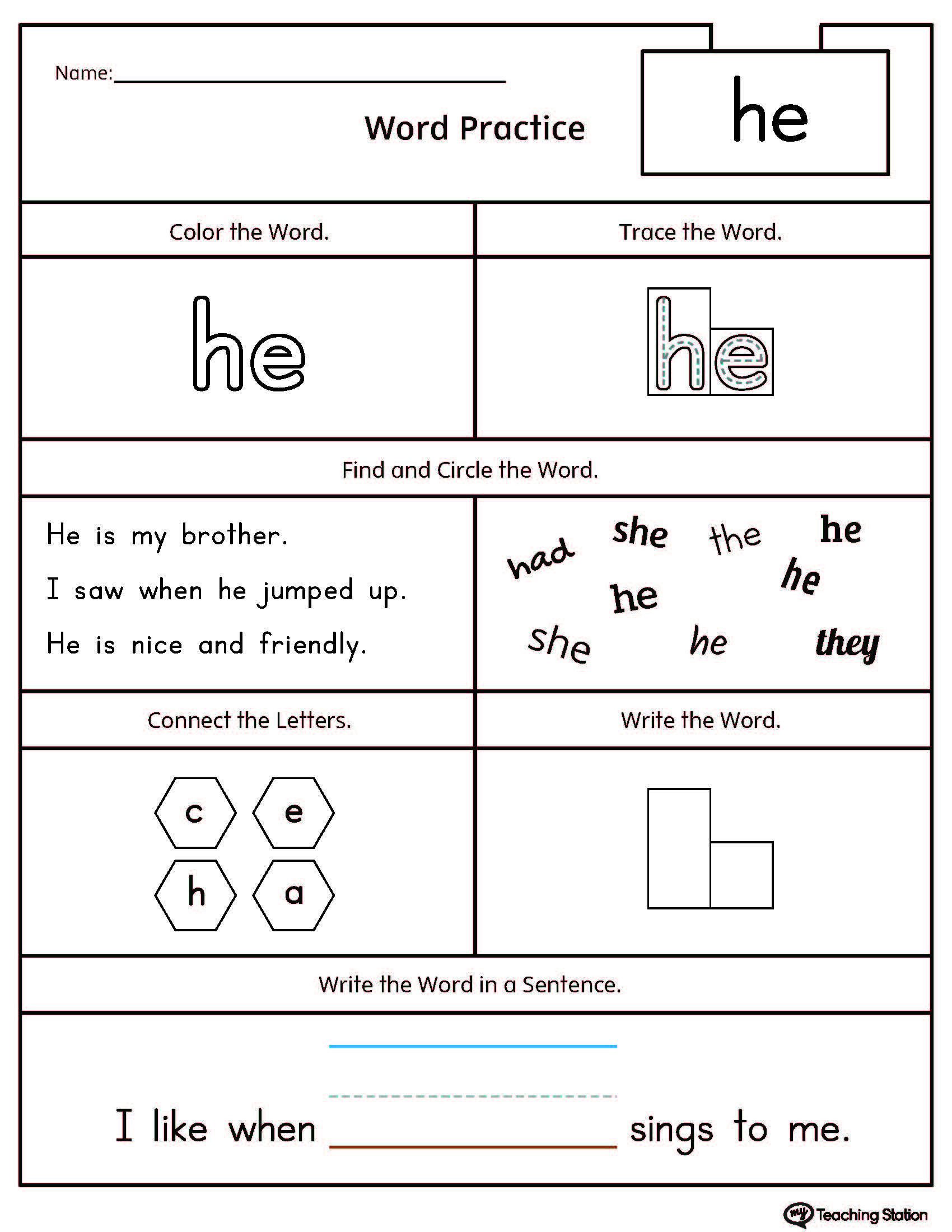 High-Frequency Word He Printable Worksheet