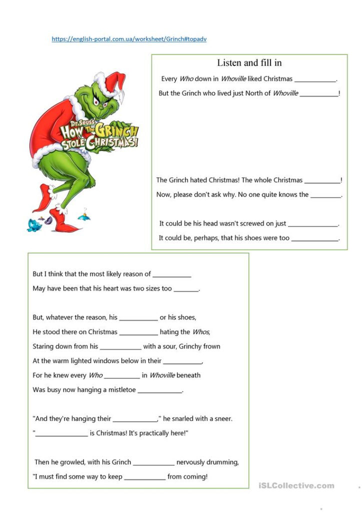How The Grinch Stole Christmas Listening Worksheet   English