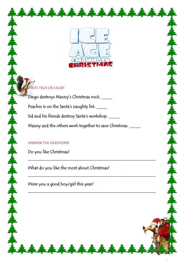 Ice Age Christmas Movie - English Esl Worksheets For