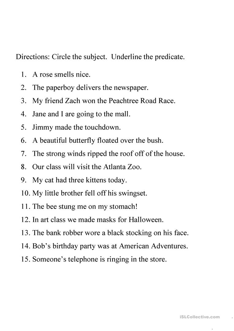 Identifying Subject And Predicate Worksheet English Esl Hard