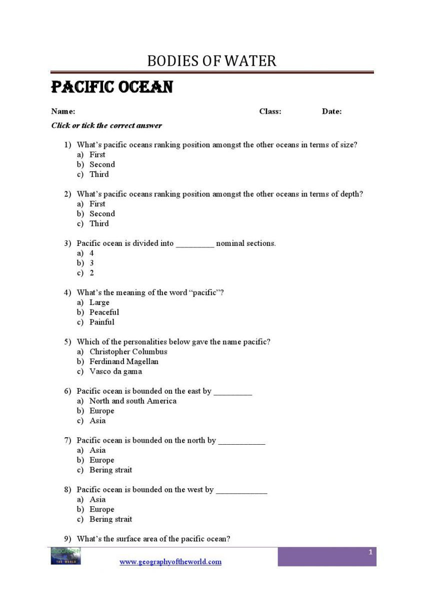 Information About The Pacific Ocean-Teachers Worksheets