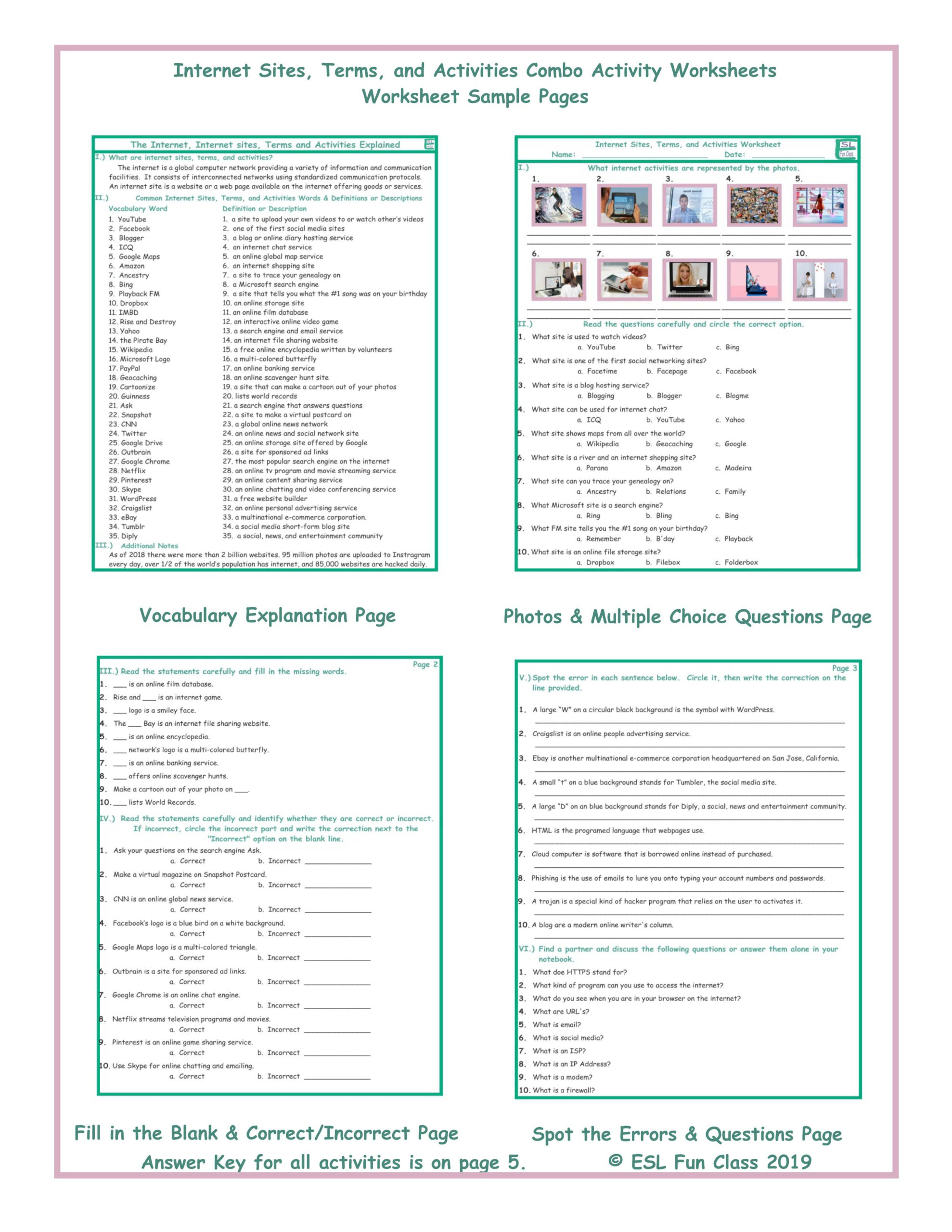 Internet Sites, Terms, And Activities Combo Activity Worksheets