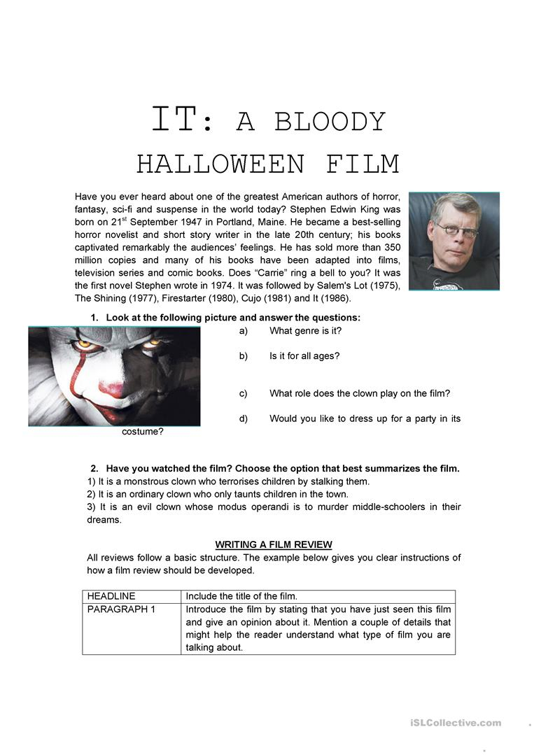 It - Film Review - Halloween - English Esl Worksheets For