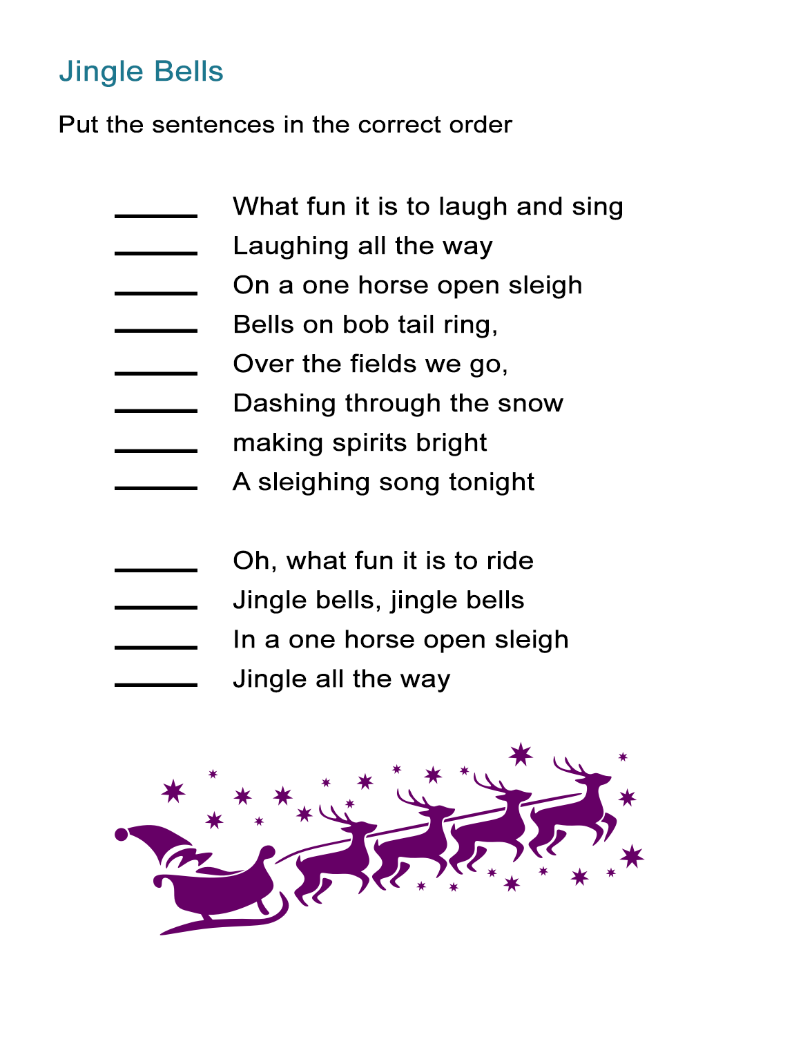 Jingle Bells For Kids Worksheet: Re-Order The Song Lyrics