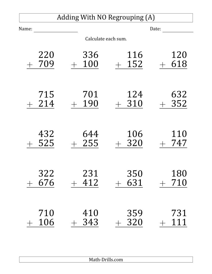 Large Print 3-Digit Plus 3-Digit Addition With No Regrouping (A)