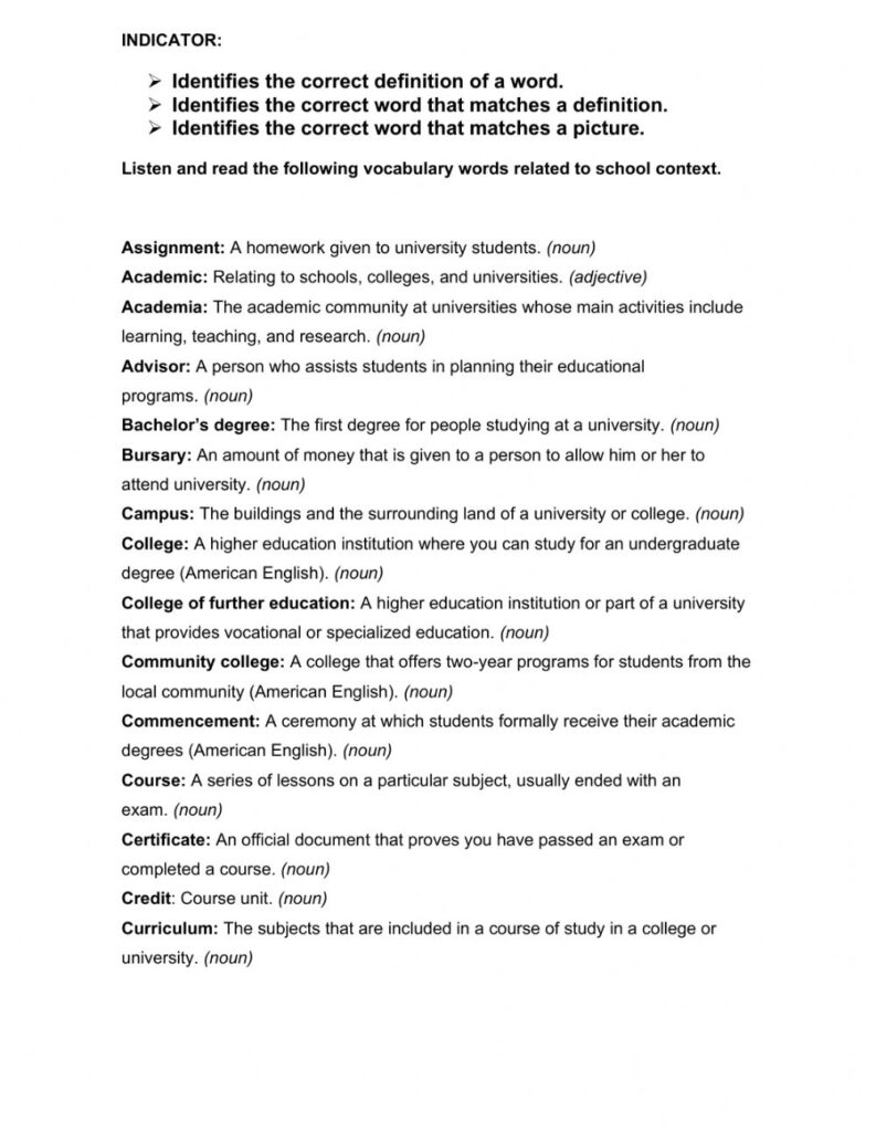 Listening School College Vocabulary Worksheet