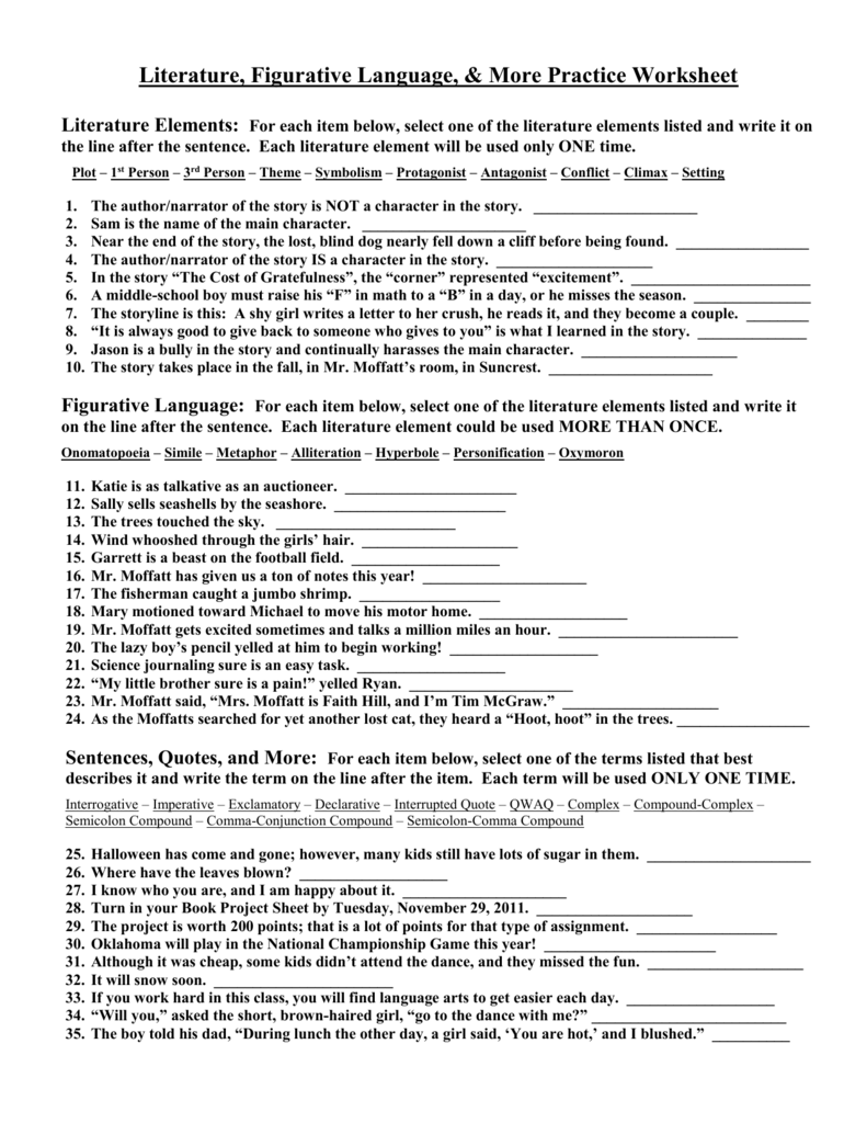 Literature, Figurative Language, &amp;amp; More Practice Worksheet