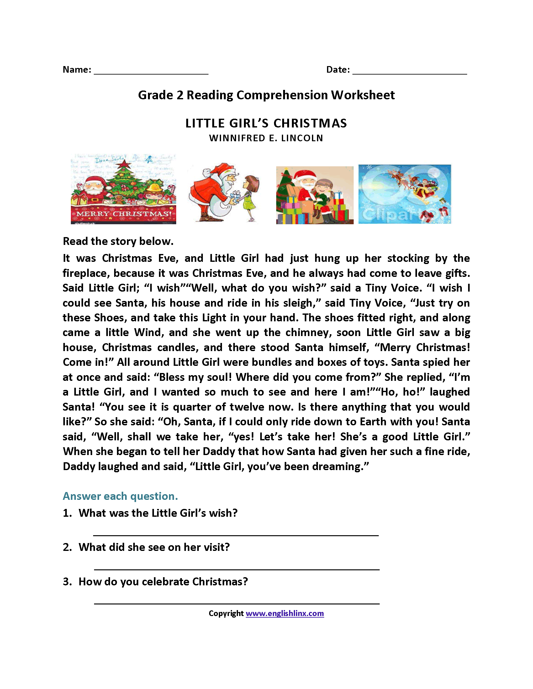 Second Grade Christmas Reading Comprehension Worksheets