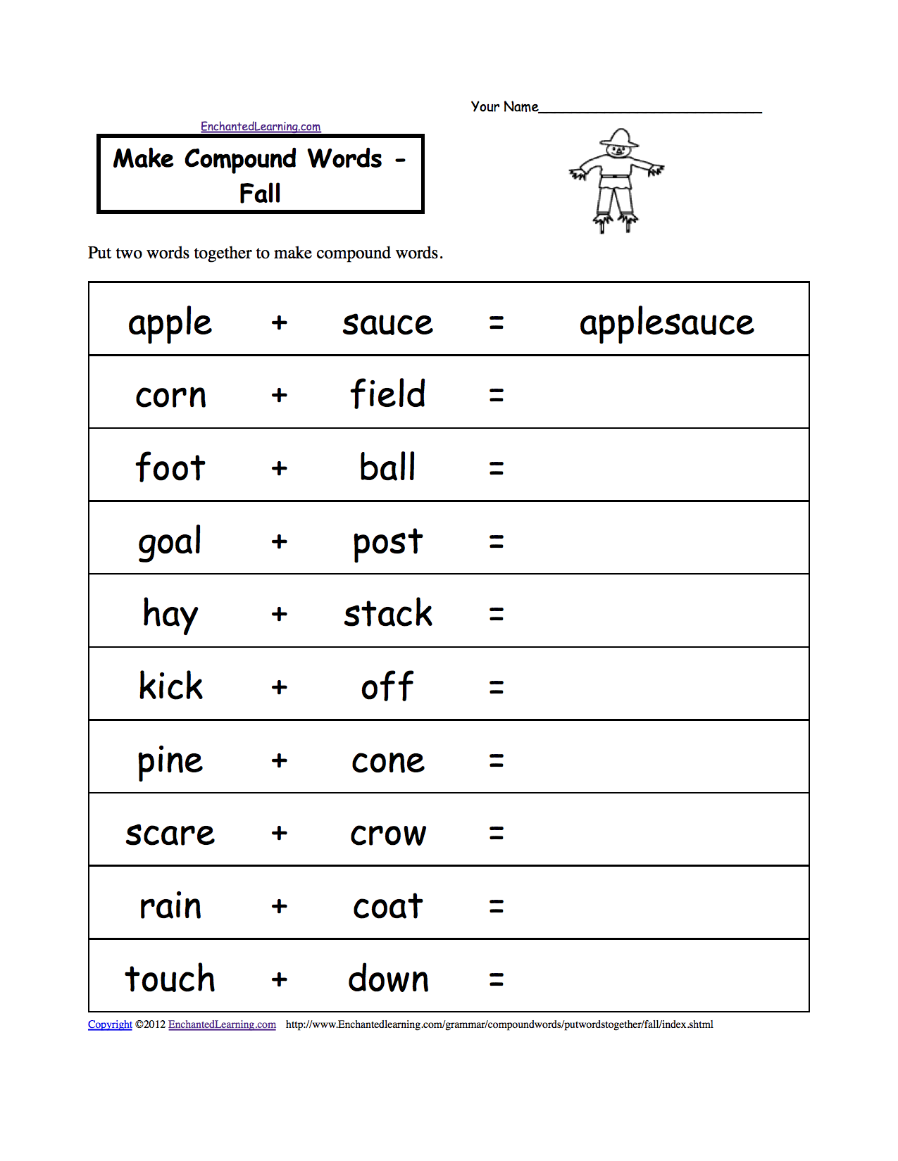 Make Compound Words, Printable Worksheets. Enchantedlearning