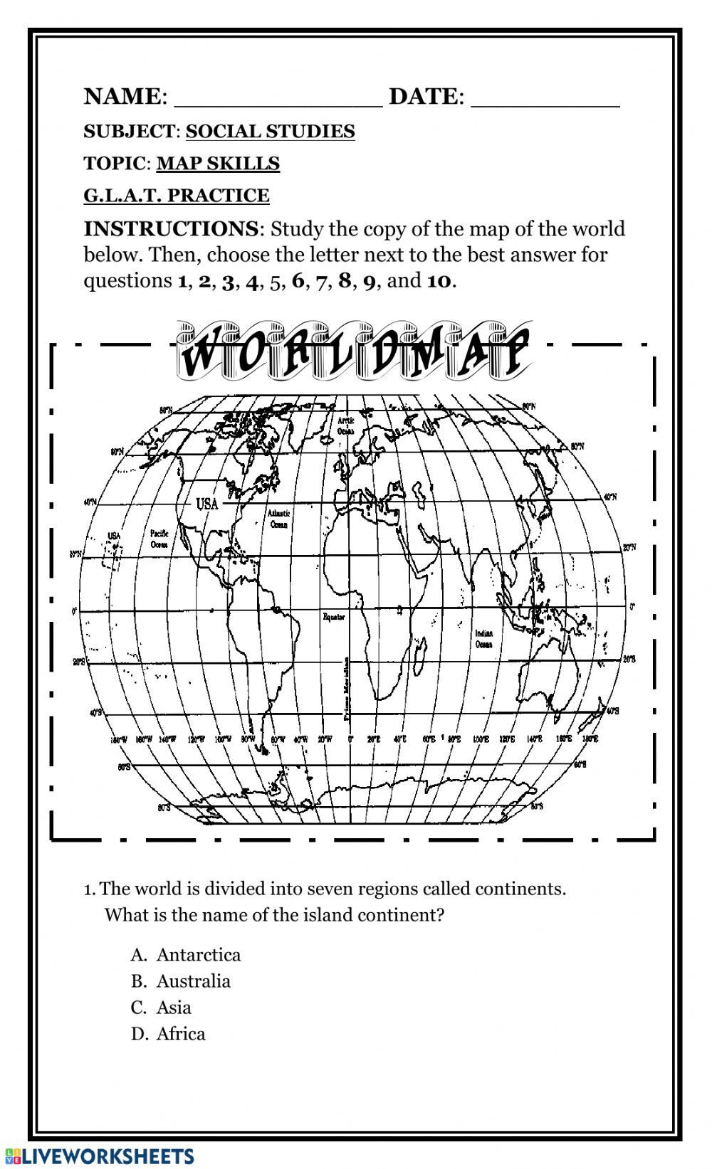 Map Skills Worksheet