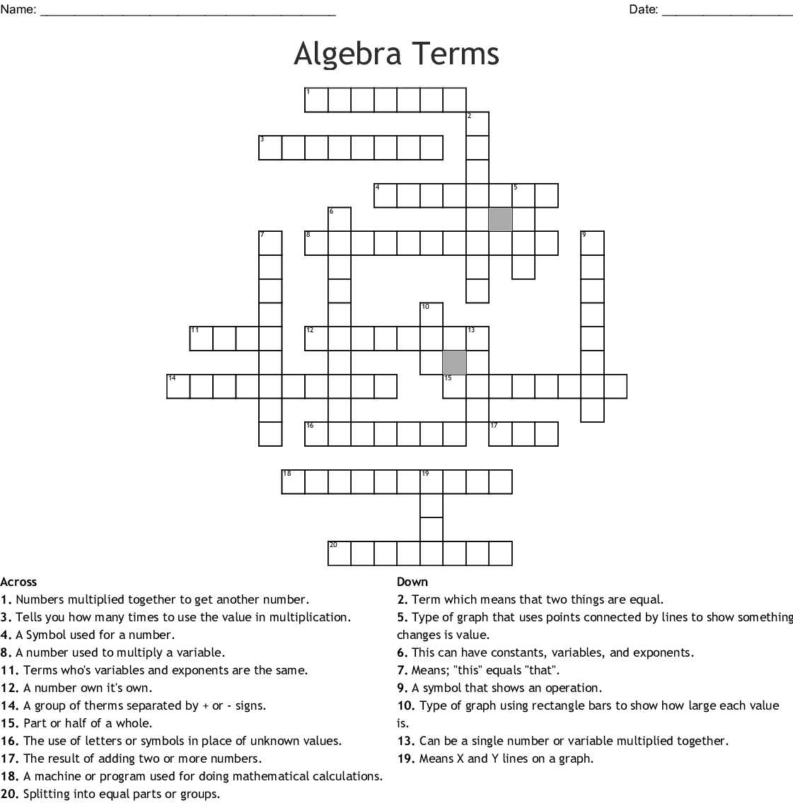 Math Crossword Puzzles Worksheets Answers | Printable