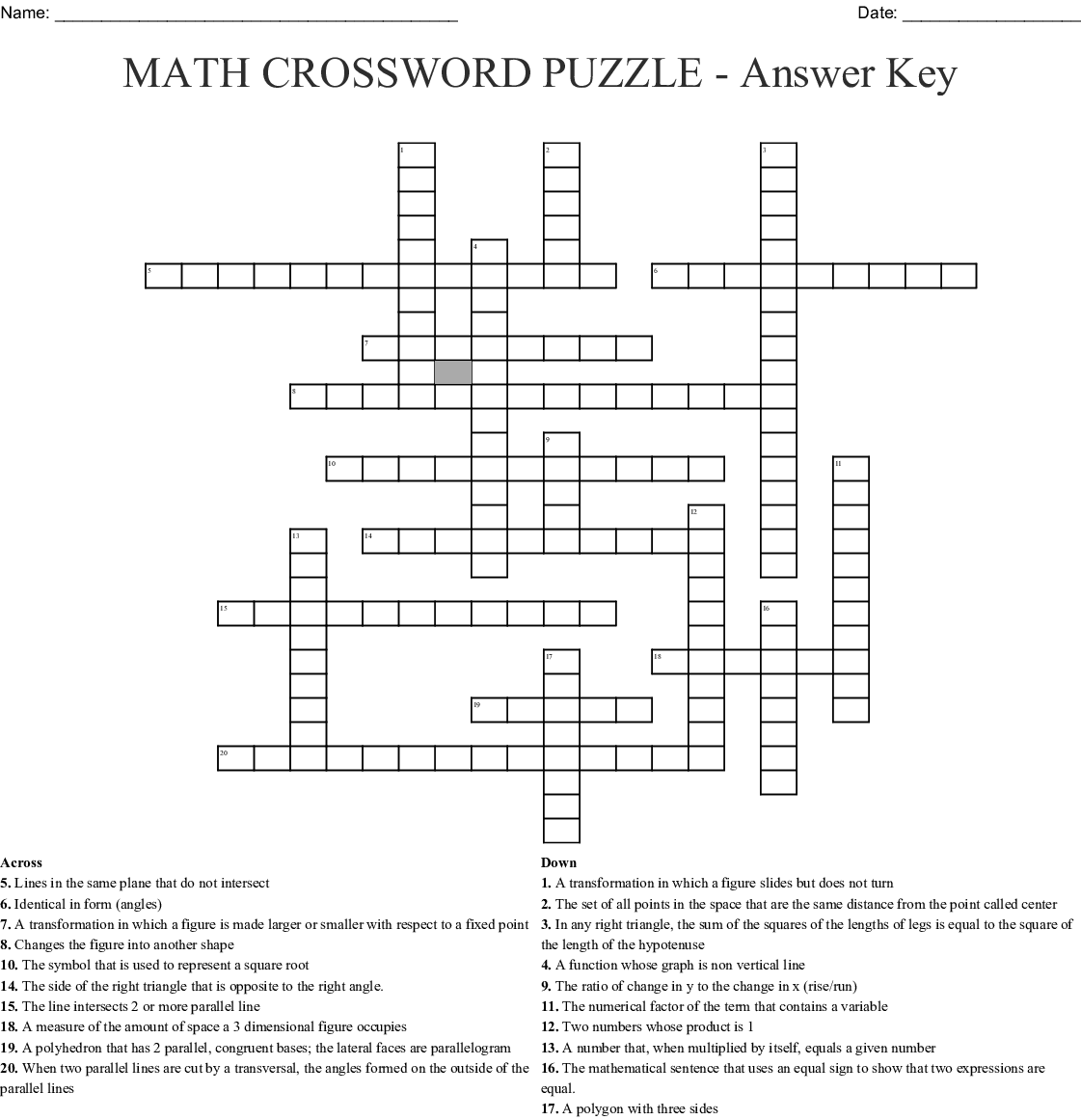 Math Crossword Puzzles Worksheets Answers | Printable