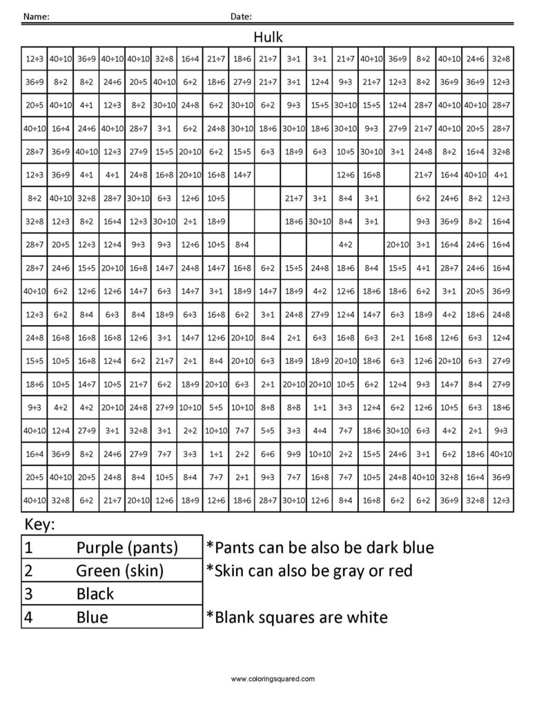 Math Fact Coloring Sheets Hulk Division Facts Squared Image