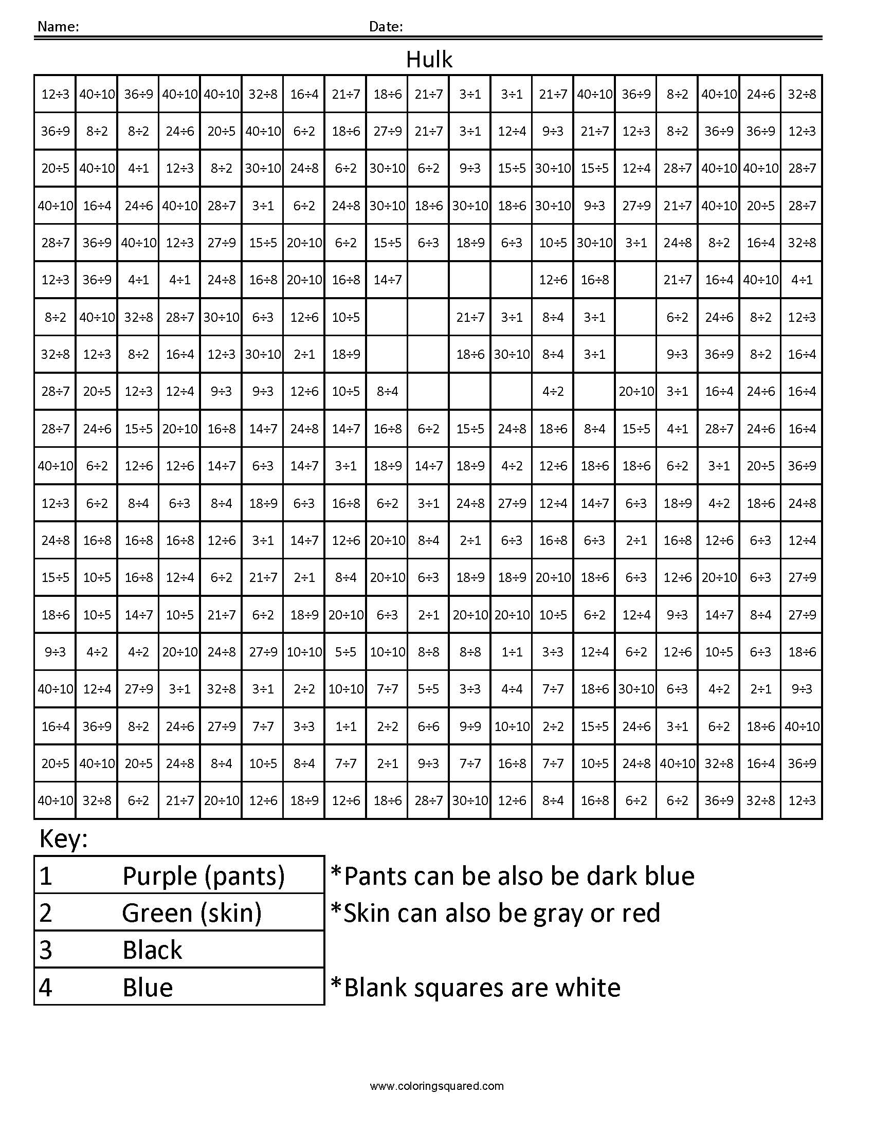 Math Fact Coloring Sheets Hulk Division Facts Squared Image