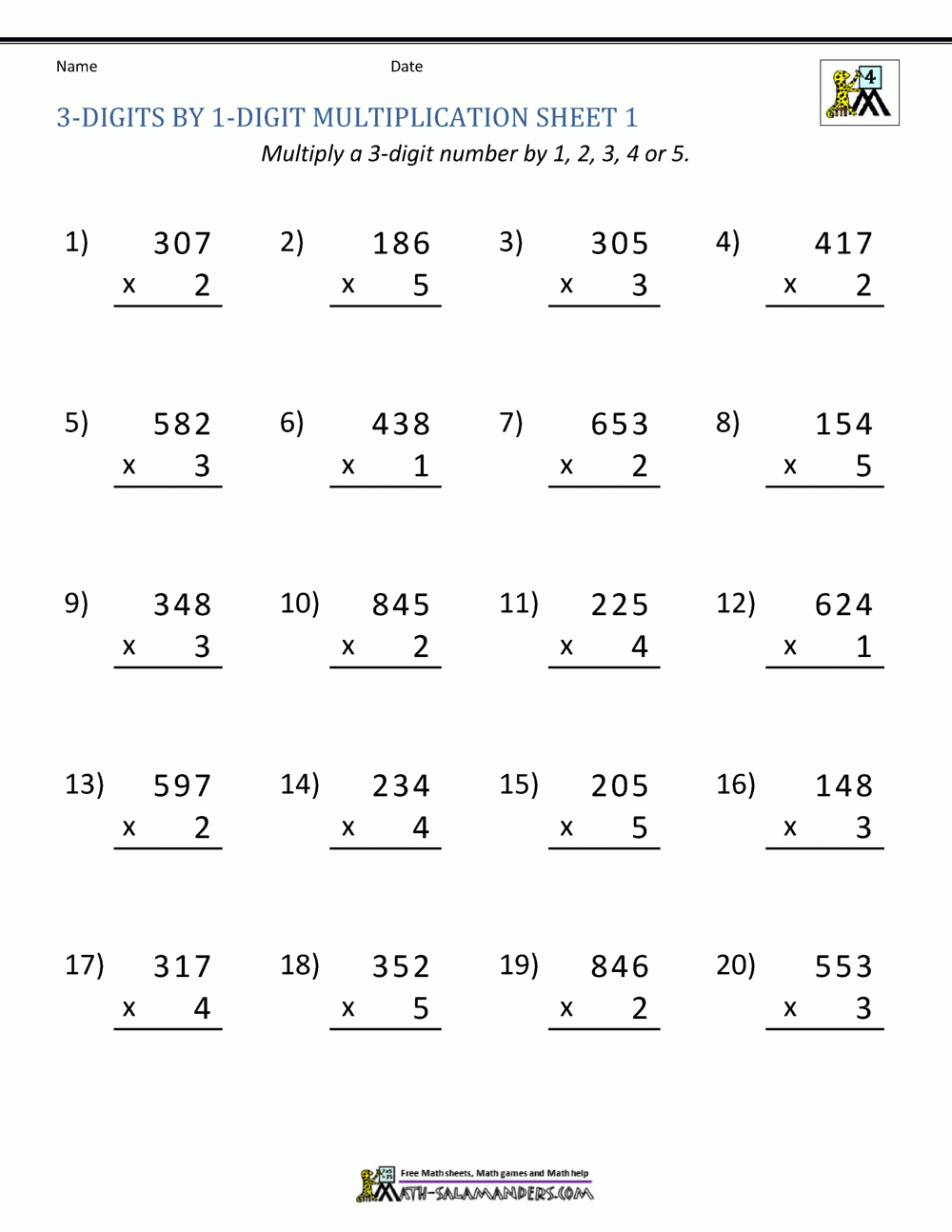 2 Digit Times 1 Digit Multiplication Worksheets