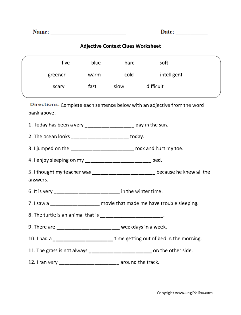 Math Worksheet ~ Adjective Context Clues Worksheet Printable